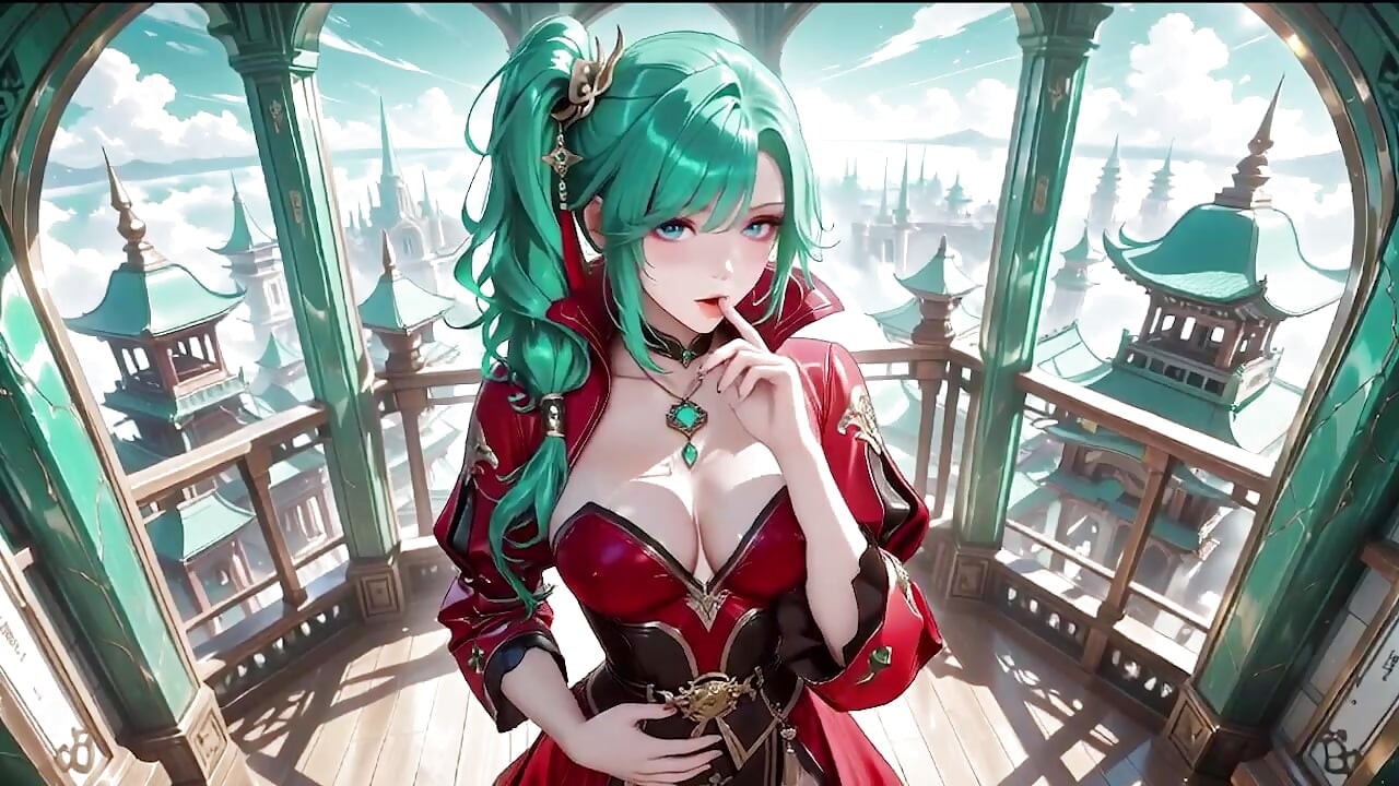 Green-haired warrior in a black-red battle robe, commanding yet shy on the floating terrace.