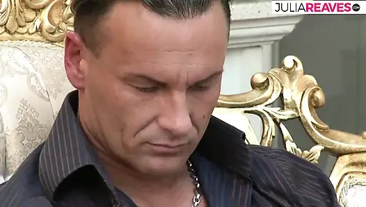 Blonde sucks a huge cock before getting pussy licked then rides cock