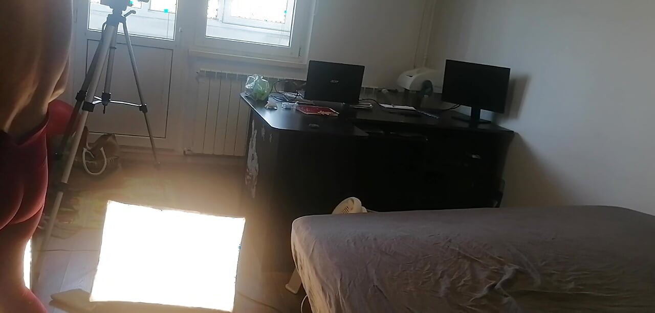 Amateur woman has fun trying on clothes and cutting them. Amateur woman vacuuming naked in the house.