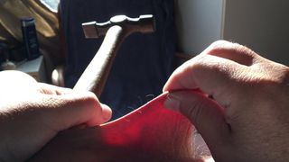 Foreskin in sunlight with hammer
