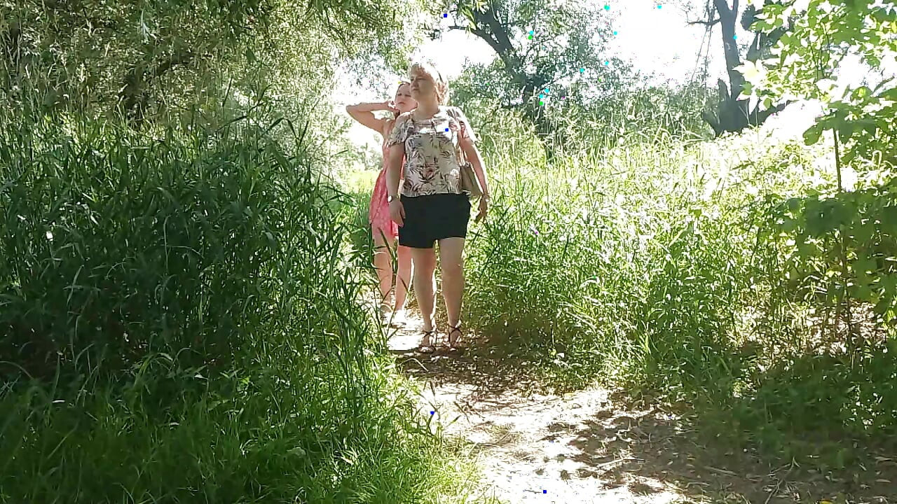 Two women girl and mature milf took off red panties peeing on side of road in public Pee Outdoor Outside  Lesbians kiss