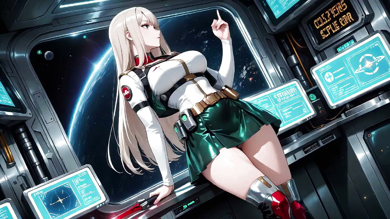 Private moments inside the futuristic spaceship where her white uniform is stretched to perfection.