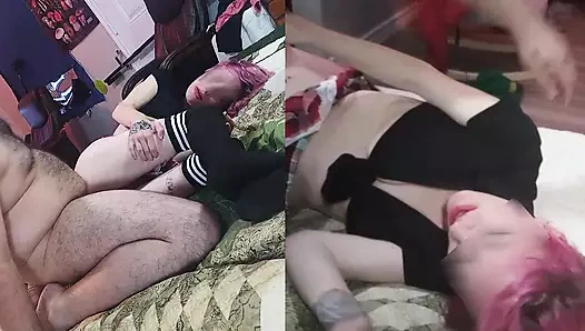 Petite white schoolgirl with braces & pink hair wearing a mini skirt gets fucked and given a facial while she smiles