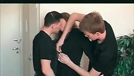 Little blonde teen fucks with two cocks in a hot threesome
