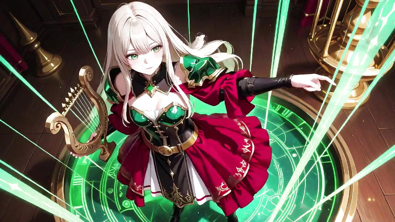Verbotene fantasie in roter und grüner Rüstung! Blonde knight lounget verführerisch, während ihr silberhaariger partner kniet, um zu dienen