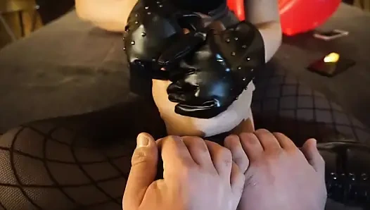 Femdom chick with gloves starts punishing her poor slave
