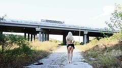 Blonde Bitch Dancing Naked in Front of the Train