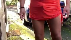 Amateur crossdresser Kellycd2022 sexy milf in tan seamless pantyhose on the driveway