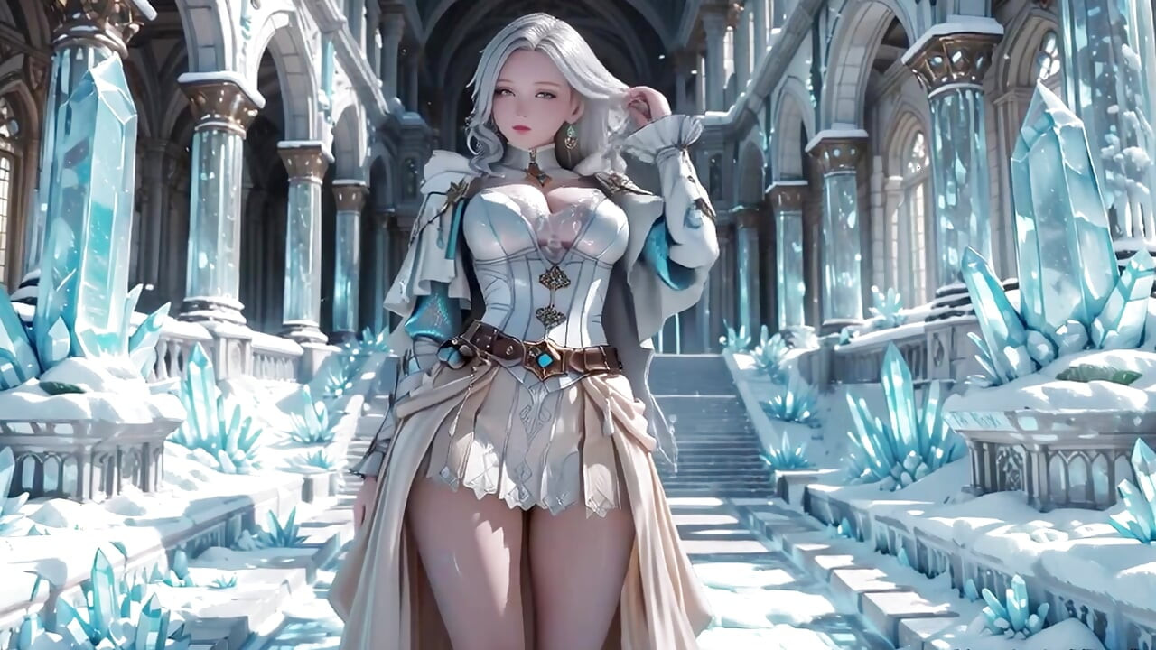 Silver-Haired Ice Queen! Kneeling in the Frozen Castle, her cold armor hides so many secrets. Hand on chest, biting lips...
