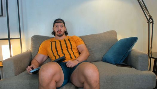 bigger guy touching him, giant legs, meaty and horny webcam show, maybe finish with cum, big balls, big arms, big lips