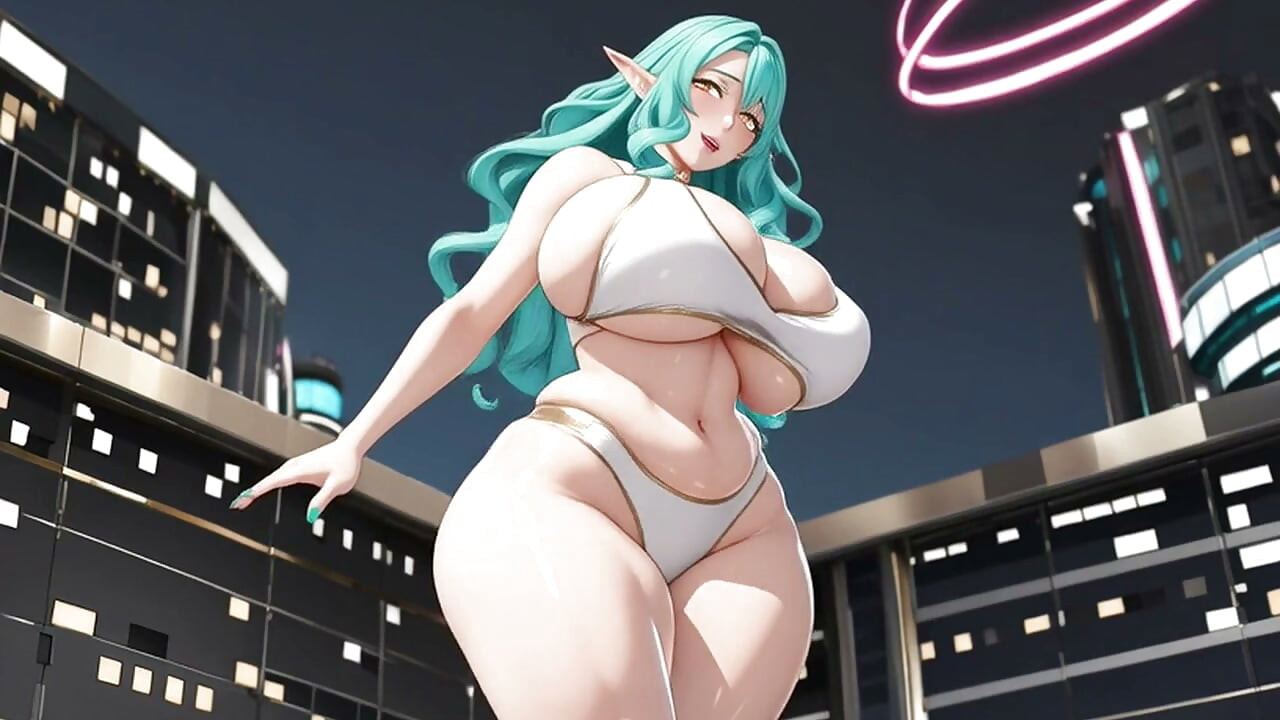 Dea elfa dai capelli turchesi in bikini bianco che balla su un tetto cyberpunk al neon (modello IA)
