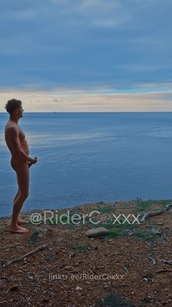 RiderCoxxx, hiking naked along the coast, showing off and cumming | Clip 1