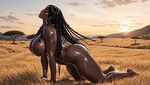 Üppige ebenholz-afrikanische göttinnen bedeckt mit savanna-schlamm, spritzt milch aus riesigen brüsten, erotische sonnenuntergangsszenen