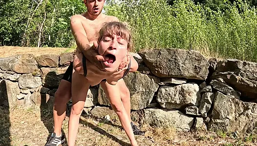 Caught accidentally pissing by stranger cyclist - MILF roughly fucked outdoor in the parking lot, squirt & facial