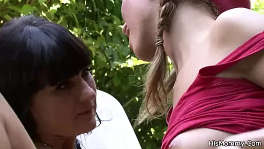 Guy finds busty mom and teen lesbian outdoors