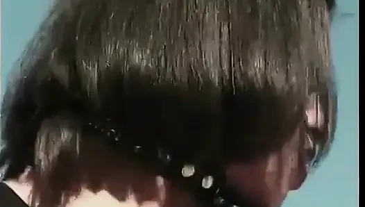 Brunette vixen in leather gear use her black cock slave for her fuck pleasure