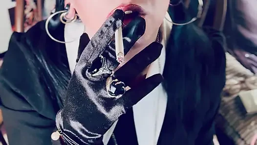 Wednesday Addams, Tina Snua,  Chain Smokes 2 Cigarettes In Satin Gloves - Smoking Smoker Drifts Snap Inhales OMI OME Tip To Tail