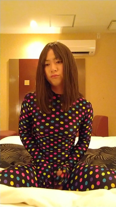 Japanese crossdresses masturbate wearing colorful morphsuit | Clip 1