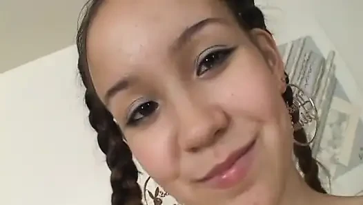 Beautiful young asian girl with braces and pigtails sucks cock pov style