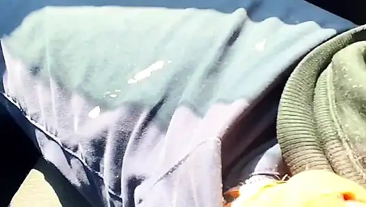 Almost caught! He jerks off in traffic in front of me, I love watching. Big cumshot! Part 1