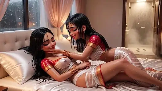 İki şehvetli Hintli lezbiyen geleneksel külotsuz elbisesini ortaya koyarak dört ayak üzerinde mutfak zeminini temizliyor