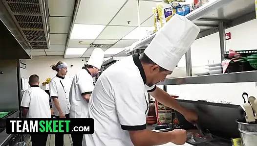 Petite Bunny Fae Takes on the Entire Kitchen Crew in a Wild Restaurant Gangbang