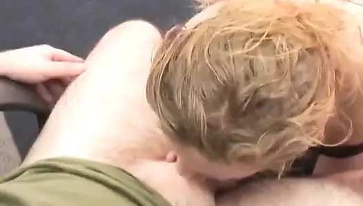 Blonde tramp motorboards and sucks hairy dude's cock and balls