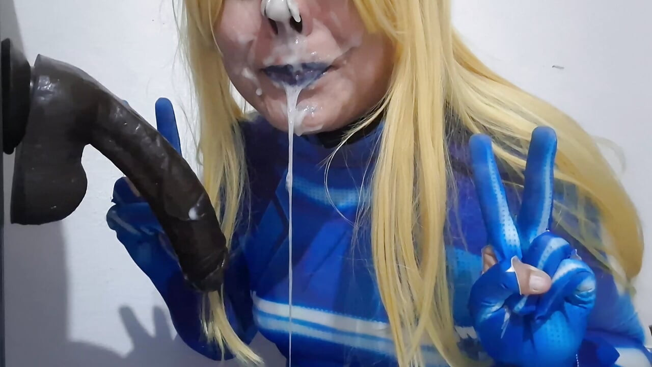 Cute Samus Femboy with BDSM Nosehook giving a Sloppy Blowjob to BBC Dildo, Deepthroat, Facial Fuck and Eating Semen