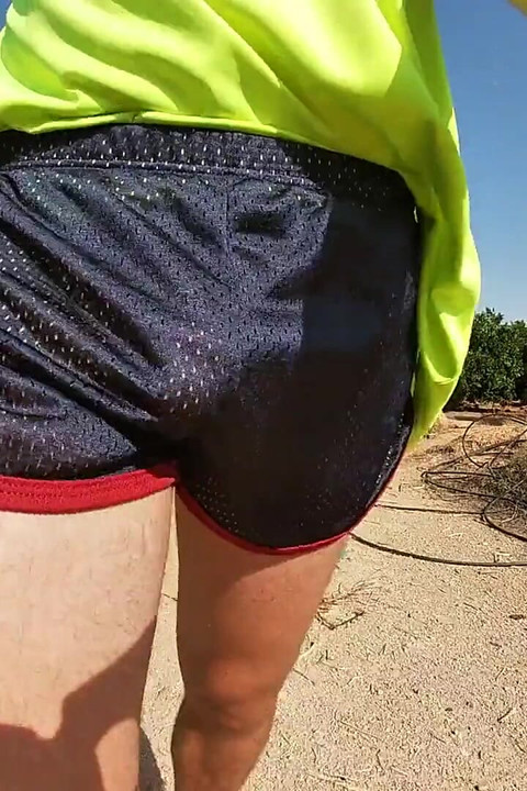 So Hot! Running with My Erect Cock Out Wearing Shiny See Thru Cock Sport Shorts