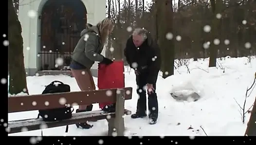 Old Man Fucks a MILF Outdoors and Cums in the Mouth of a Young Girl