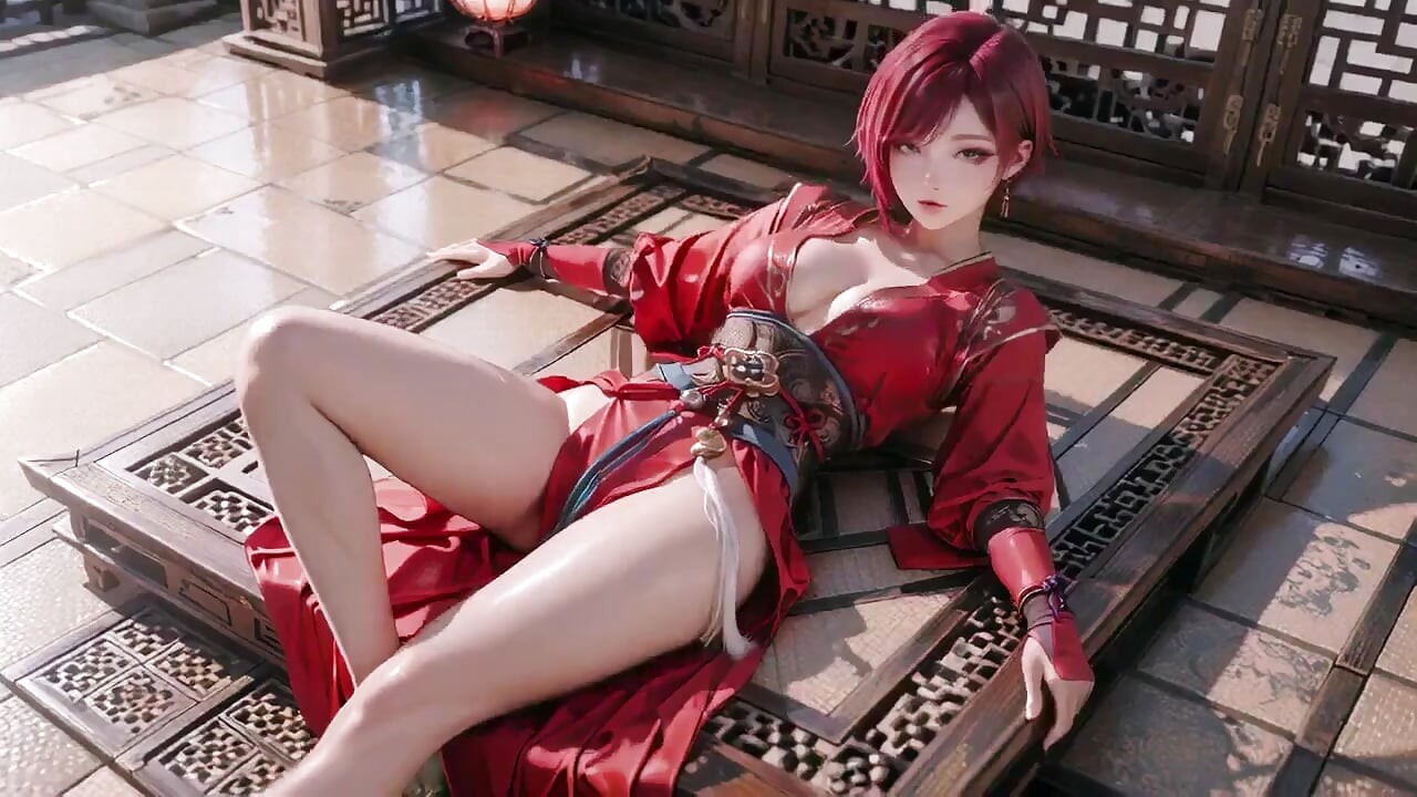 Red-haired Goddess in Oriental Seduction! the Ultimate Contrast Between the Chinese Pavilion and the Pristine White Bathroom.