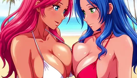 Zwei vollbusige mädchen genießen lesbischen sex im privaten strandurlaub