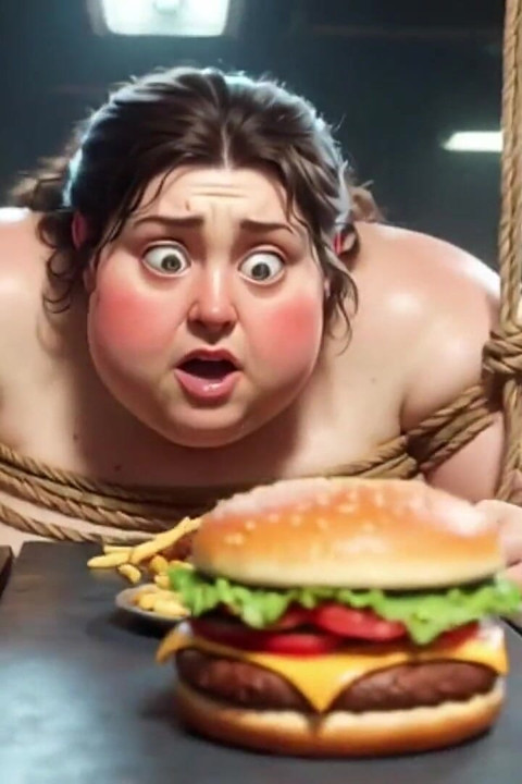 Tied up SSBBW Eats Massive Meal While Kneeling - Belly Stuffing