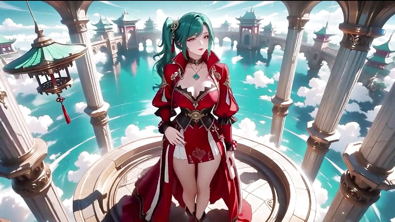 The Red-clad Blade's Private Tease! Green-haired Warrior in a Black-red Battle Robe, Commanding yet Shy on the Floating Terrace.
