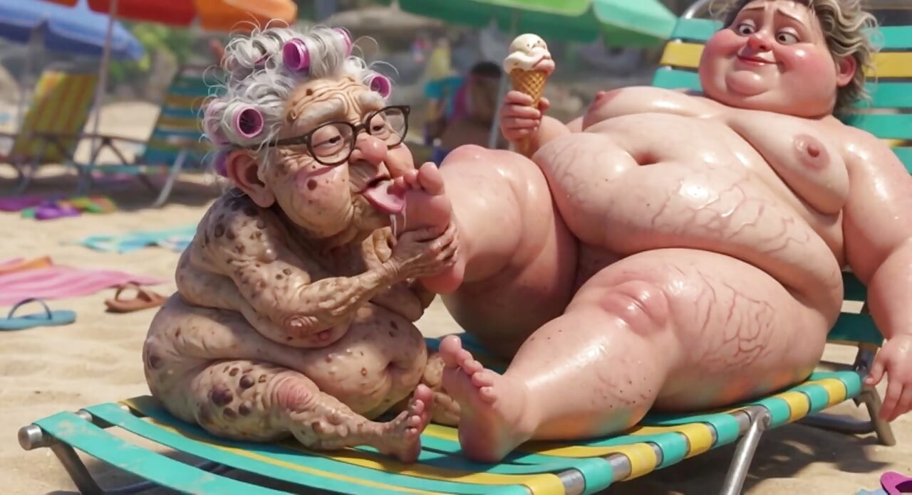 Elderly Granny Passionately Sucking BBW Feet on the Beach