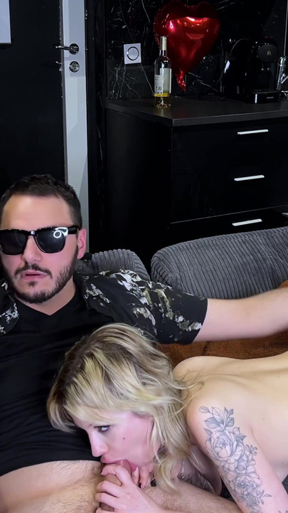 Threesome Two Blondes Share Big Cock with Double Blowjob and Facial | Clip 1