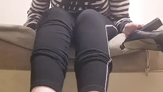 The girl makes you lick your feet and shoes. Sweet femdom