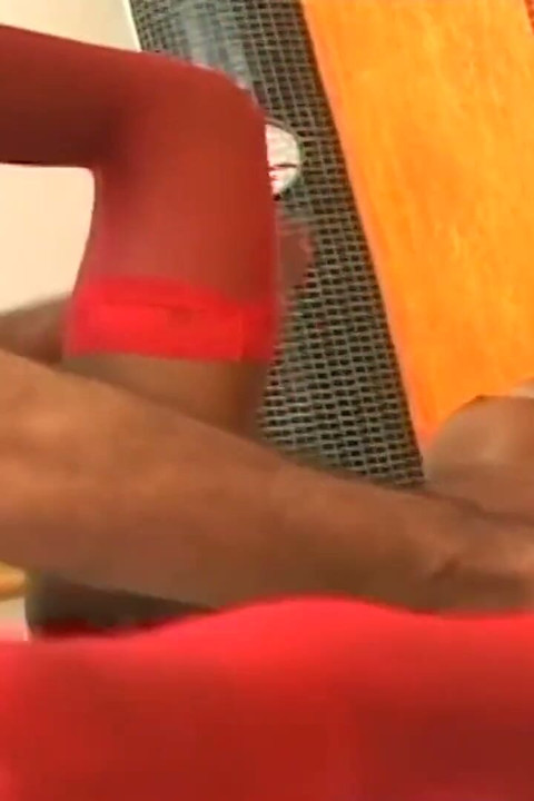 Mirany, brunette lady-boy in red stockings gets jizzed in mouth after fucking