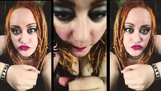 Talking to her boyfriend on the phone while she sucks off his cute buddy