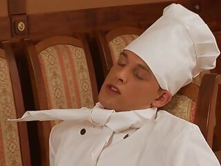Horny hot chef prepares his client's ass for dinner