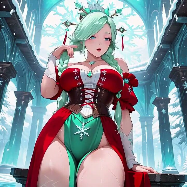 Green-haired Goddess in Red Gown Kneels in the Crystal Hall, Magic Spells & Sensual Glances!