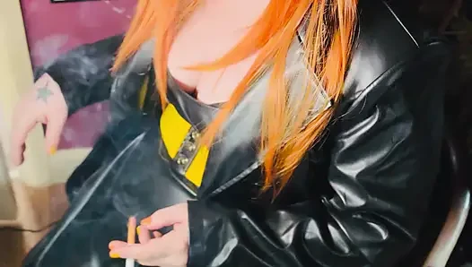 The Gothic Cutie Tina Snua Dressed In a Leather Coat & Smoking A Cork 100 Cigarette - Ginger Miss Smokes In A Leather Outfit OME