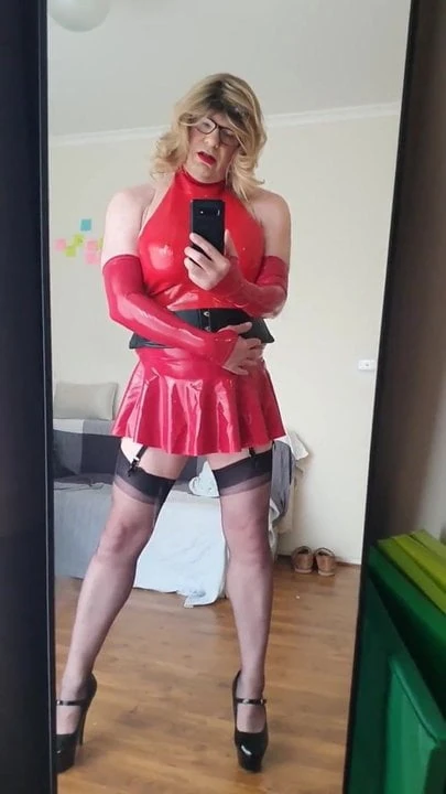 Rachel Touches Herself Up in Red Latex
