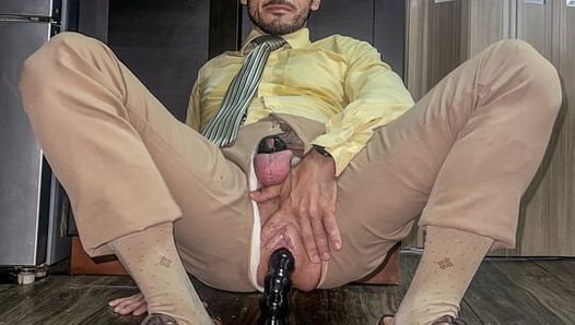 suited gentleman is spreading legs like slut and plays with his malepussy with locked dick