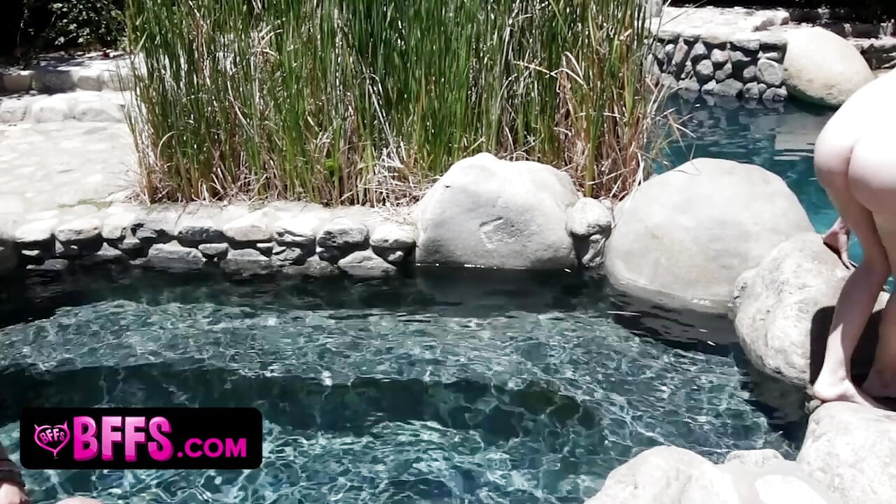 Three teen cuties enjoy bbq & cocks by the pool