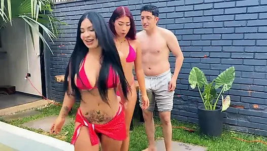 We Try to Be Alone in the Pool with My Friend but We End up Fucking My Roommate Nerd, Unexpected Threesome