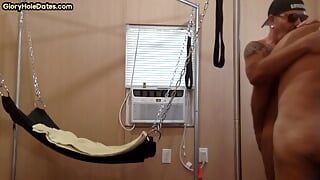Gloryhole DILF sucks Black cock be4 fucked by white in sling