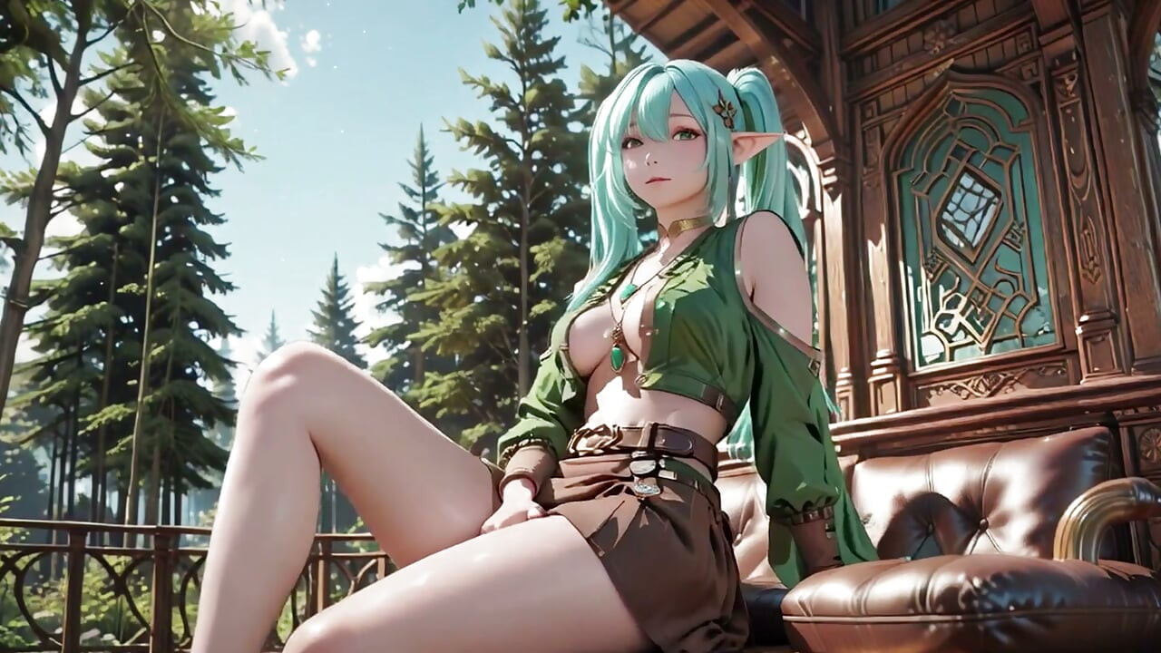 Bosfantasie! Blauwe elf op de knieën, groene elf die plaagt, zonbeschenen magie en toverstafspel.