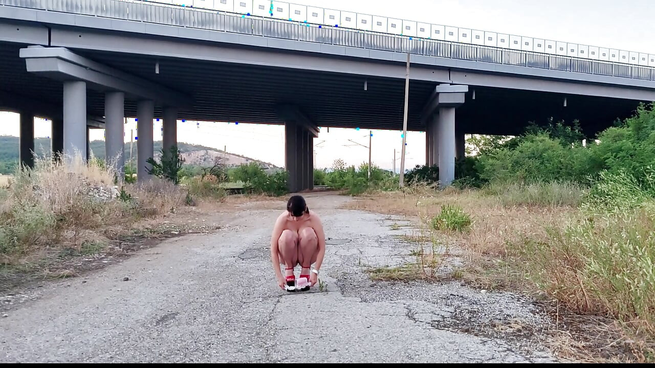 Slave Shows off Her Shaved Pussy on the Train
