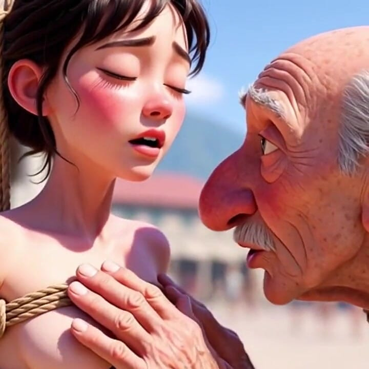 Tied Woman in Public Square - Old Man Caresses Her Body